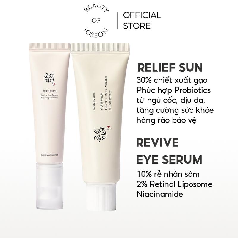 Combo Kem chống nắng Beauty Of Joseon Relief Sun: Rice + Probiotics SPF50+ PA++++ 50ml & Kem mắt nhân sâm retinal Beauty Of Joseon Revive Eye Serum Ginseng + Retinal 30ml
