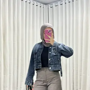 EMWEHA - Fuji Jaket Crop Jeans Oversize Cewek Pocket Depan Variasi Tali Denim Panjang