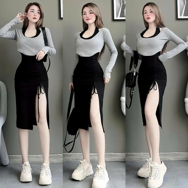 Set đầm body rút dây xẻ tà phối với áo thun crop tay dài tôn dáng thiết kế sành diệu cho nữ mặc đi chơi
