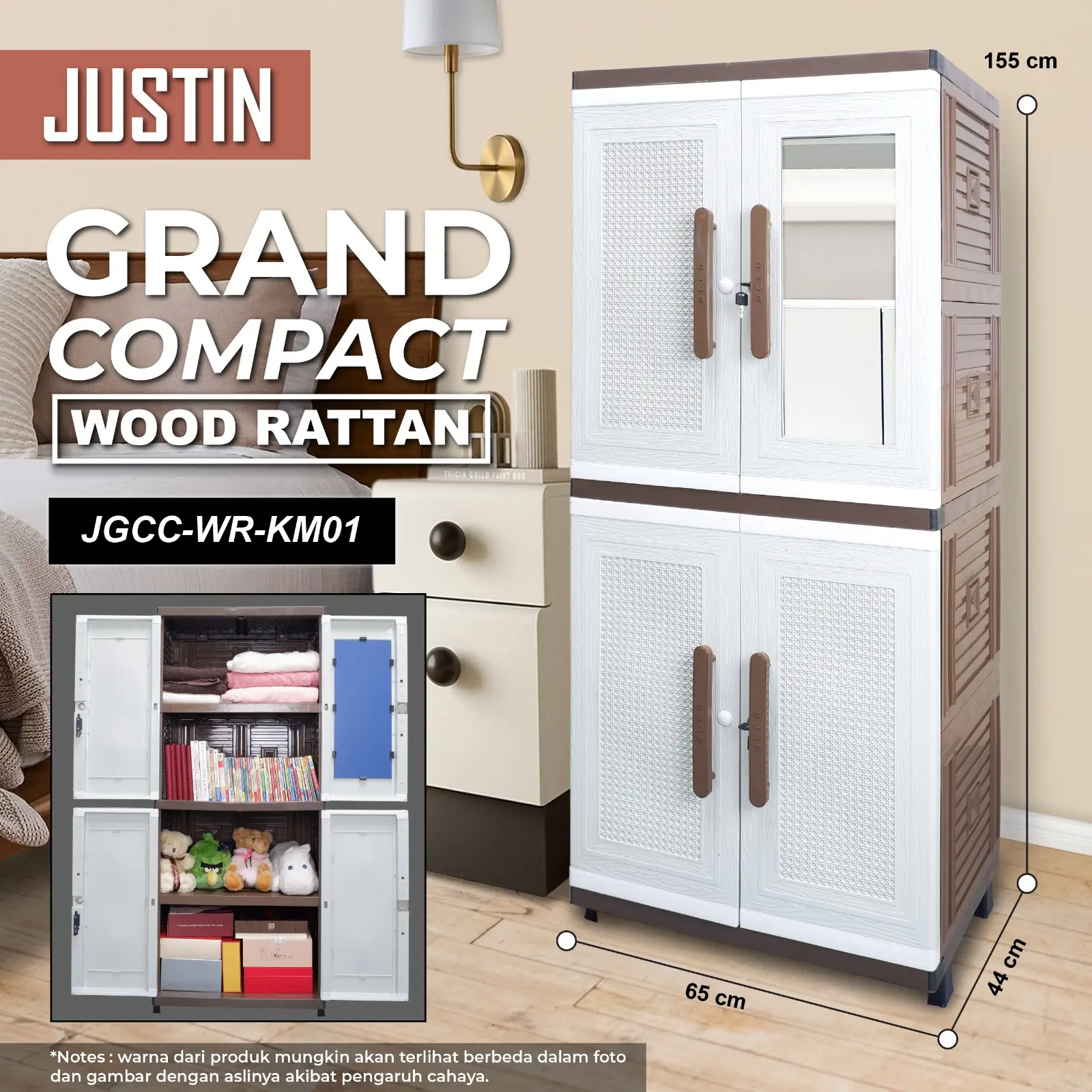 Justin Grand CLUB Compact - Lemari Pakaian Plastik - Lemari Plastik dengan Cermin - Bisa Dikunci - Awet Tahan Lama Anti AIr