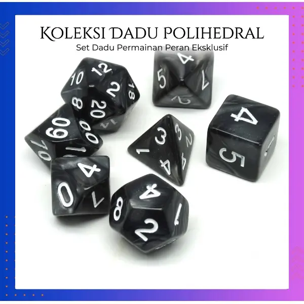 Dadu Dungeons & Dragons Polyhedral Board Game Dice Set - 7 Dadu Poliedris D4-D20 Bahan Plastik Kuat Desain Unik Hitam Cocok untuk Permainan Board Game Role-play dengan Lisensi SNI ISO 8124-1:2010