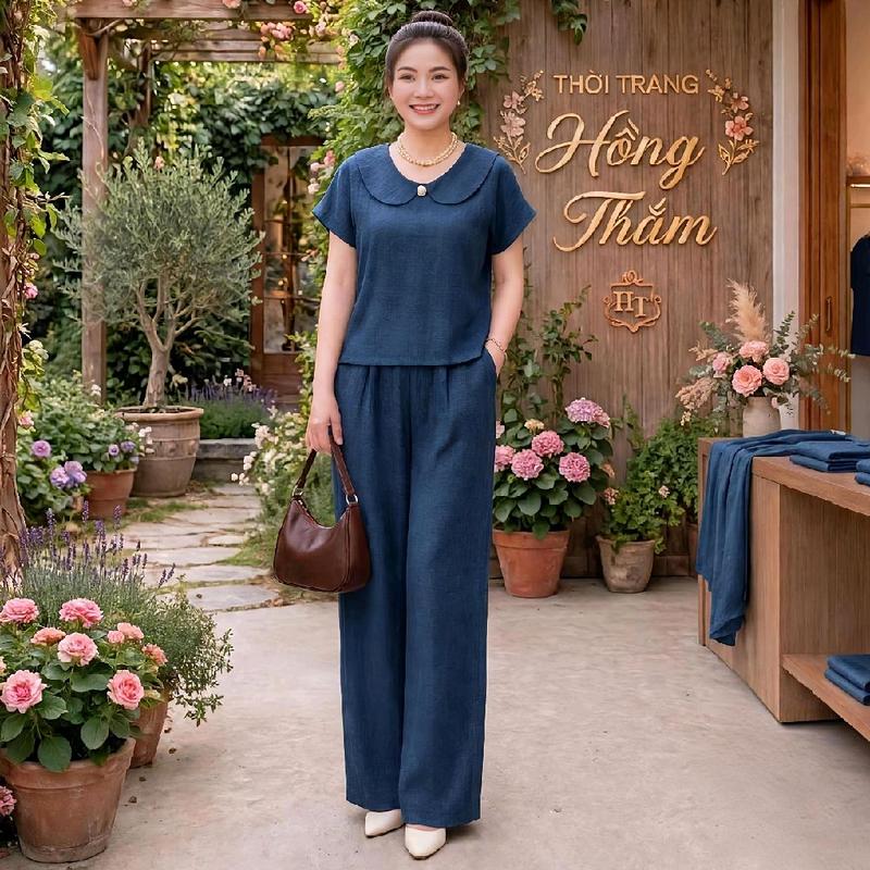 Bộ đũi vân mây Hồng Thắm cổ lá sen, đồ bộ mặc nhà nữ cao cấp thoáng mát