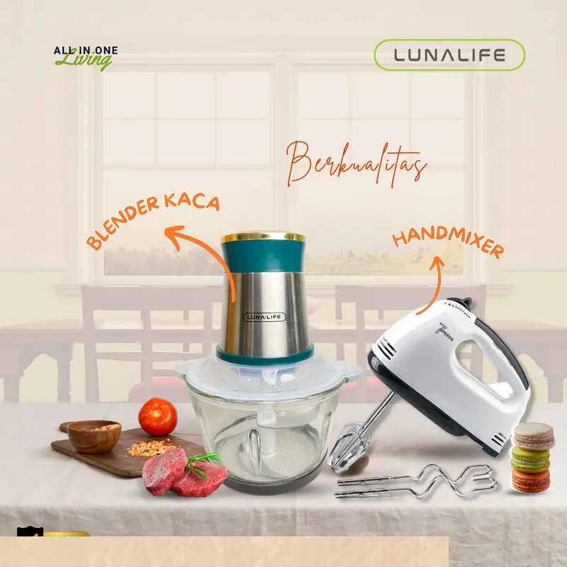 LUNALIFE Paket Food Chopper Kaca 2L Hand Mixer Kecepatan Tongkat  Default