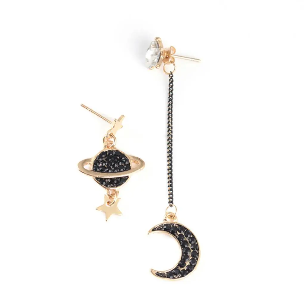 Unique Asymmetric Rhinestone Moon Pendants Earring Ear Stud for Students Women Girls