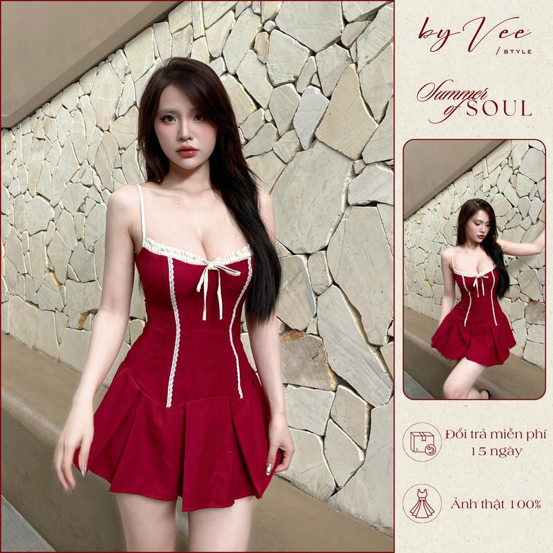 Đầm đỏ viền ren trắng ByVee Style phong cách lễ hội cho dịp đi chơi Noel Giáng sinh