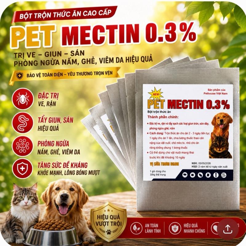 Combo 6gói Bột Pet Mectin diệt ve, rận ,sổ giun tròn, sán dây,phòng ngừa nấm ghẻ viêm da
