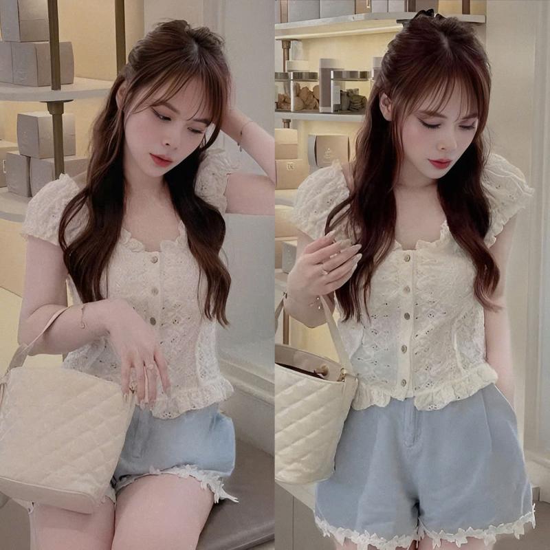  Bộ nữ áo ren xô qc cọc tay cổ yếm phối bèo mix quần jean đùi xinh xắn dành cho các nàng diện đi chơi. 