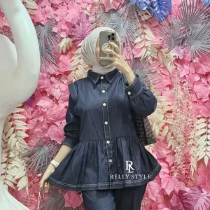 Relly Style Zera Denim Baju Wanita Basic Kancing Setelan Muslim Remaja Dewasa Atasan Celana Nyaman Standar Panjang Casual Formal Katun Tunik Cantik Kerja