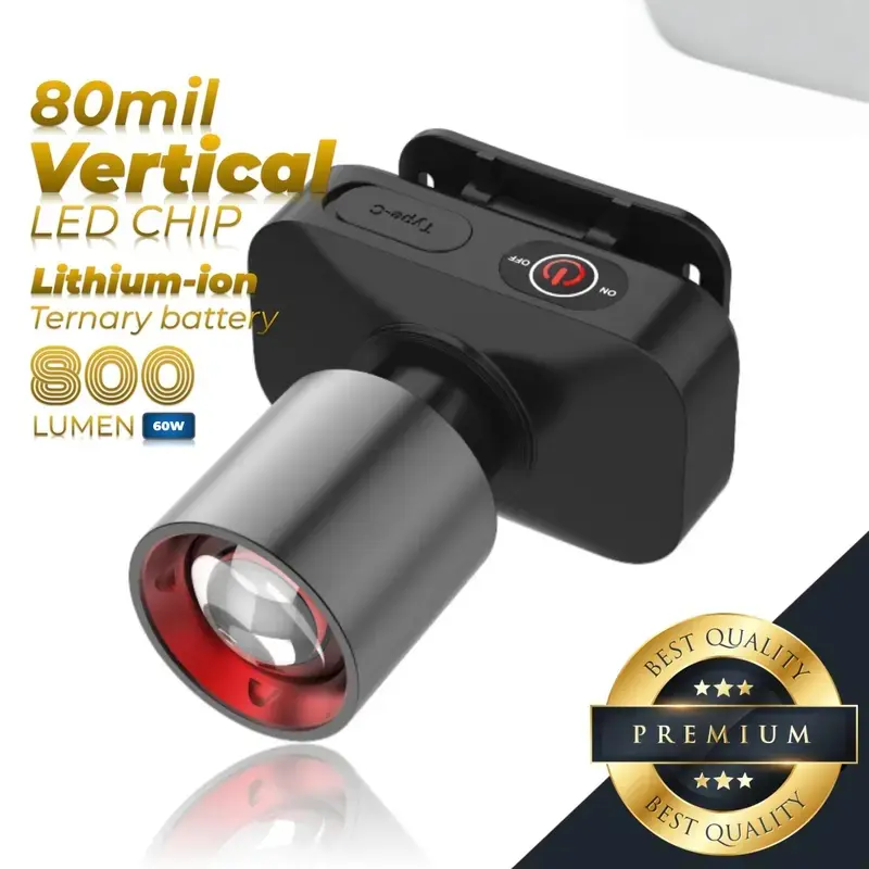 Senter Kepala 800 lumen Cahaya Maksimal Plus RechargePro dengan USB-C, 60W Fokus & Penyebaran Zoom