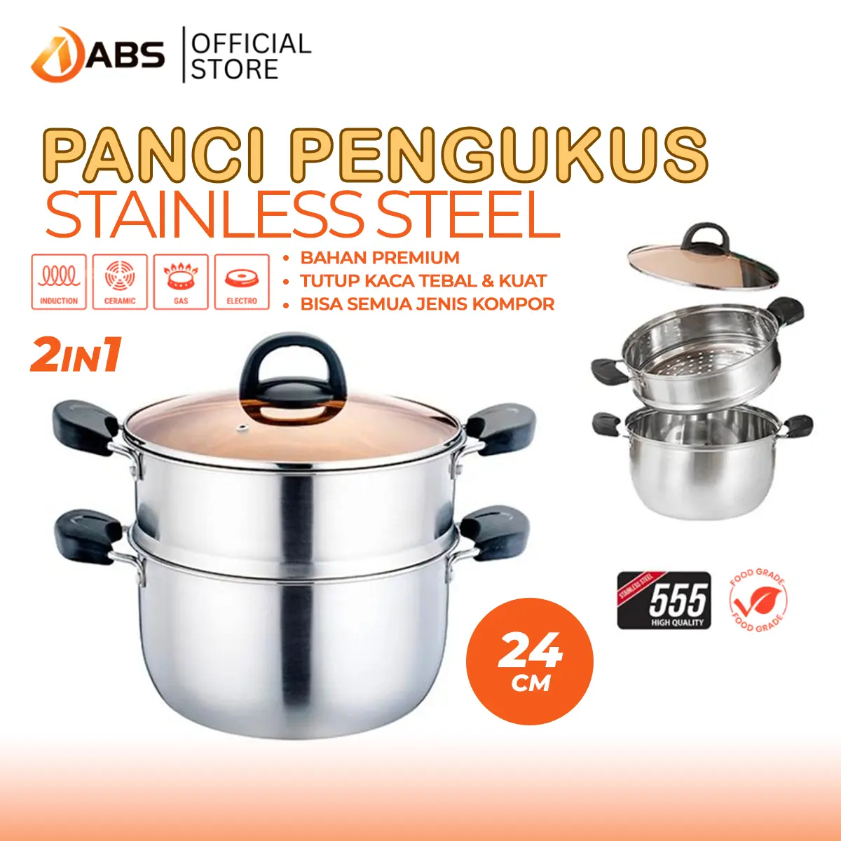 ABS (COD) Panci Kukus Steam Pot 2 Tingkat Stainless 22cm GRATIS ONGKIR glass kaca Steel Kitchenware