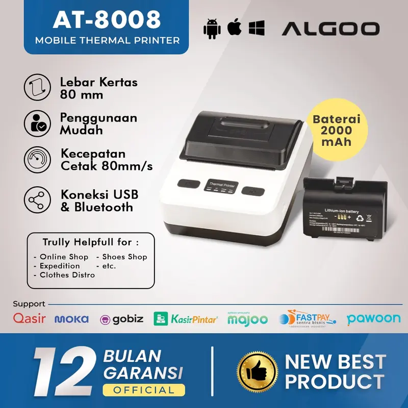 ALGOO AT 8008 Printer Thermal Struk Nota Bluetooth Dengan Baterai 1