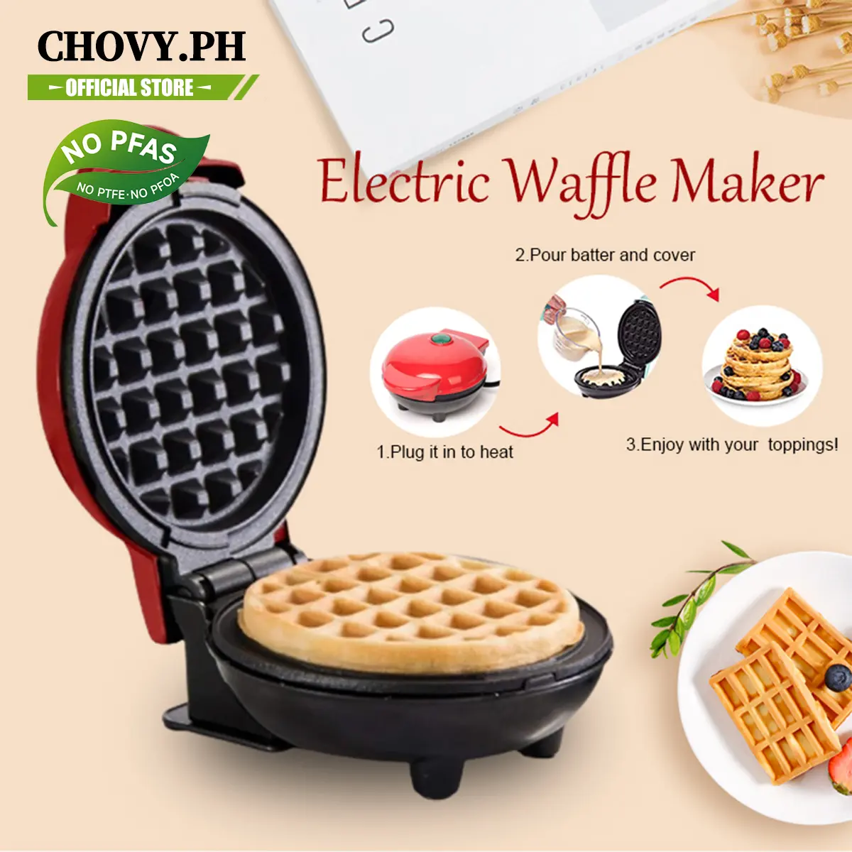 CHOVY Mini Electric Waffle Maker Non-Stick Pan Circular Bakeware Pancake Cookies Breakfast Machine Eggcake Sandwich Breakfast Making Machine For Students