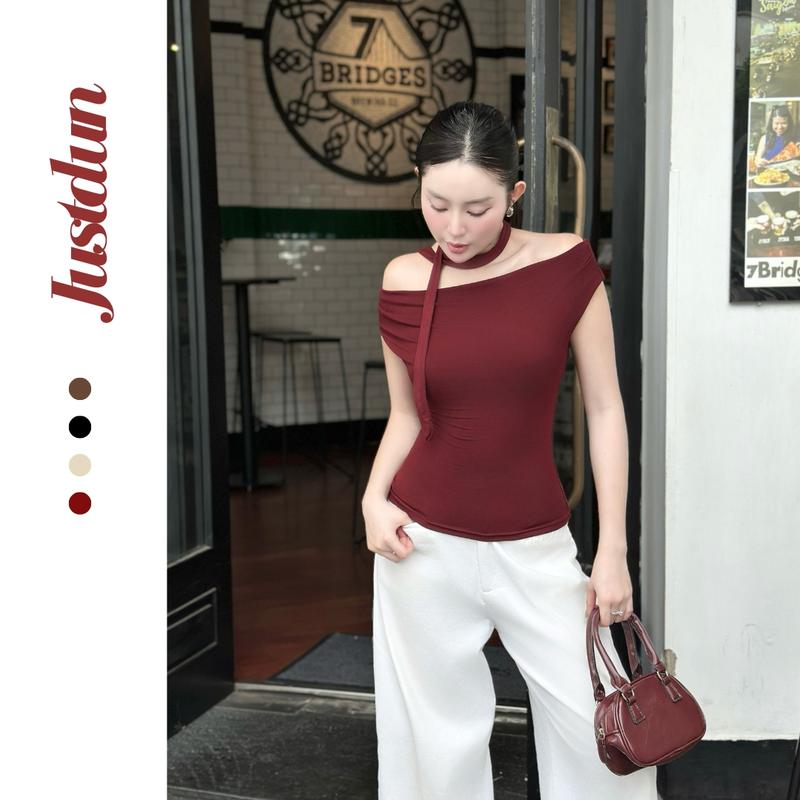 [Tặng dây] Áo trễ vai cộc tay nữ JUSTDUN thun cotton mịn Z24