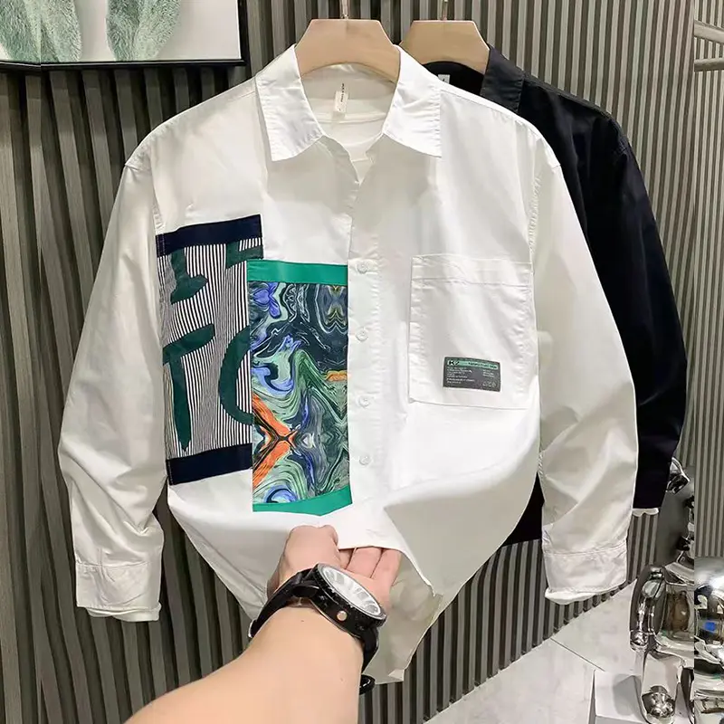 Kemeja LCT Lengan Panjang Pria Modern Terbaru Men's White Shirt Abstract Pattern Print Long Sleeve Fashion Trendy Patchwork