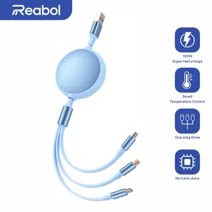 Reabol 3 in1 6A 100w Fast Charging Data Cable Micro USB Type C Charger Cable For Iphone/Samsung