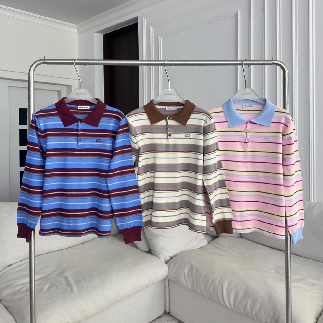 PTPL0283 เสื้อโปโลแขนยาวลายทางปัก PROMTHONG