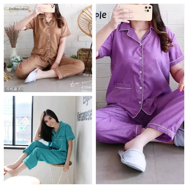 Paket Usaha 100 Ribu Dapat 3 Setel Piyama Baju Tidur Dewasa Nyaman Cantik Motif Panjang one Pendek Satin Setelan Embos Merah 1