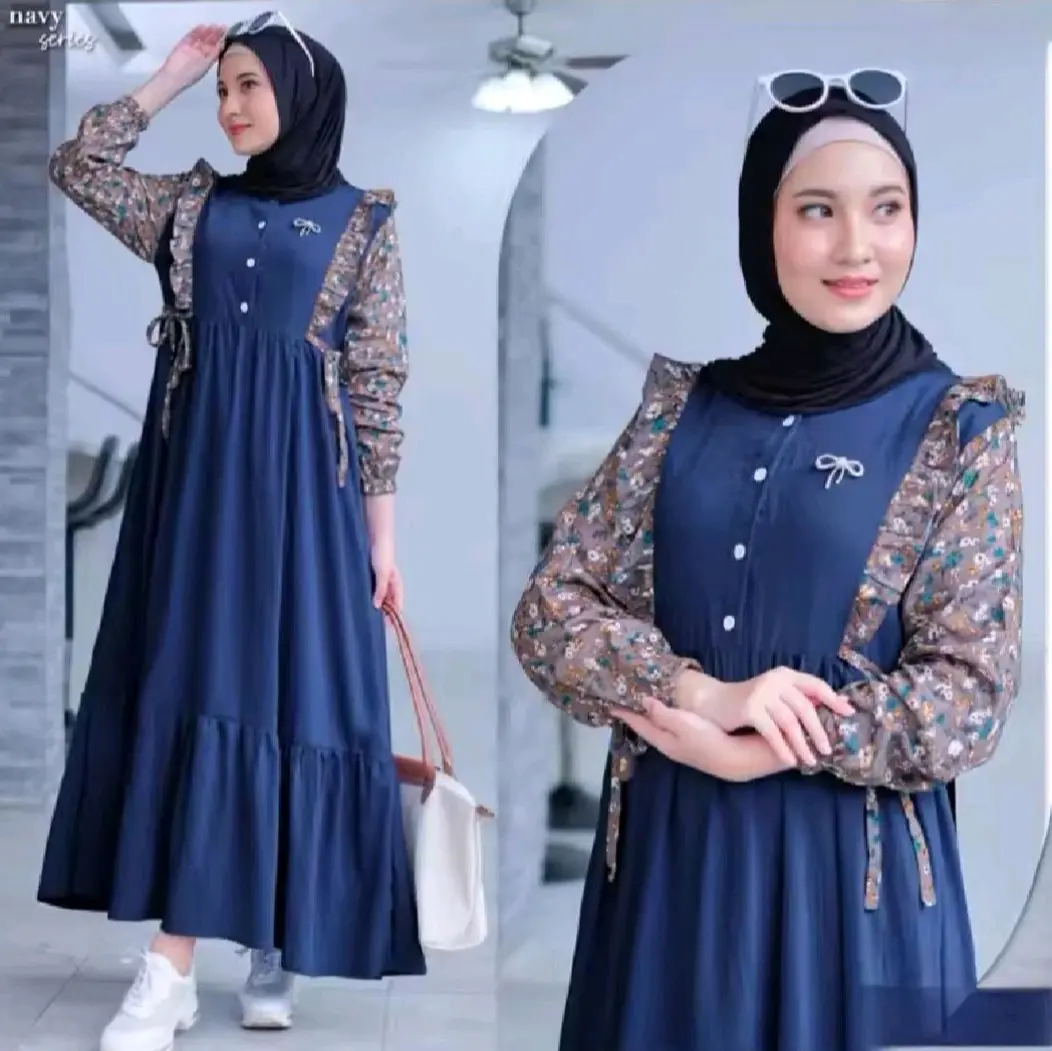 MIDI dress rayon twill kombinasi motif bunga/flora dress midi kekinian/MIDI dress masa kini model terbaru dress new Kancing Wanita