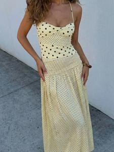 Vestido halter mujer lunares y lazo cuello; vestido slip sin mangas con frunces busto, espalda descubierta, corte A; ideal para fiestas, clubes, citas, vacaciones, playa, uso diario; camisola maxi larga para verano.