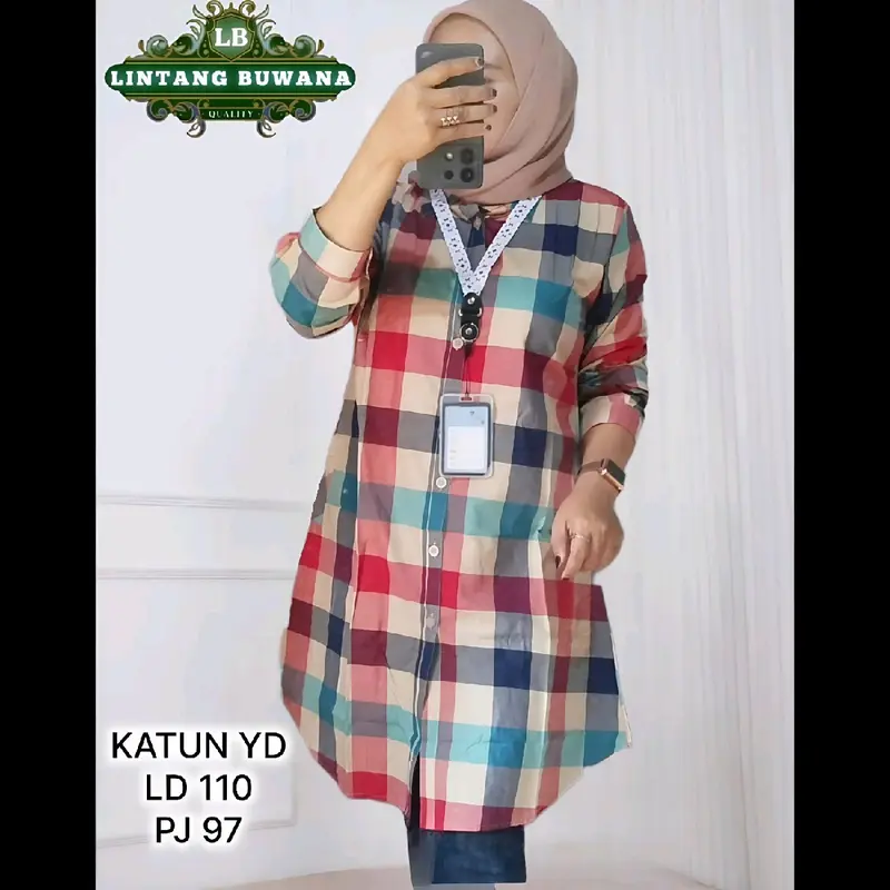 Lintang Buwana Selina Tunik Kotak Kotak Katun Wanita Atasan Panjang Muslim Kancing Formal daily warna warni 1