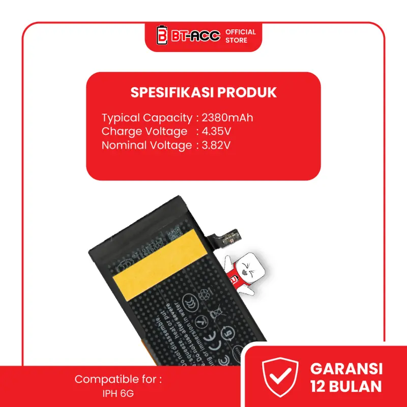 BT-ACC Ultra High Capacity Battery Baterai Batre For iPhone 6 With 2380mAh
