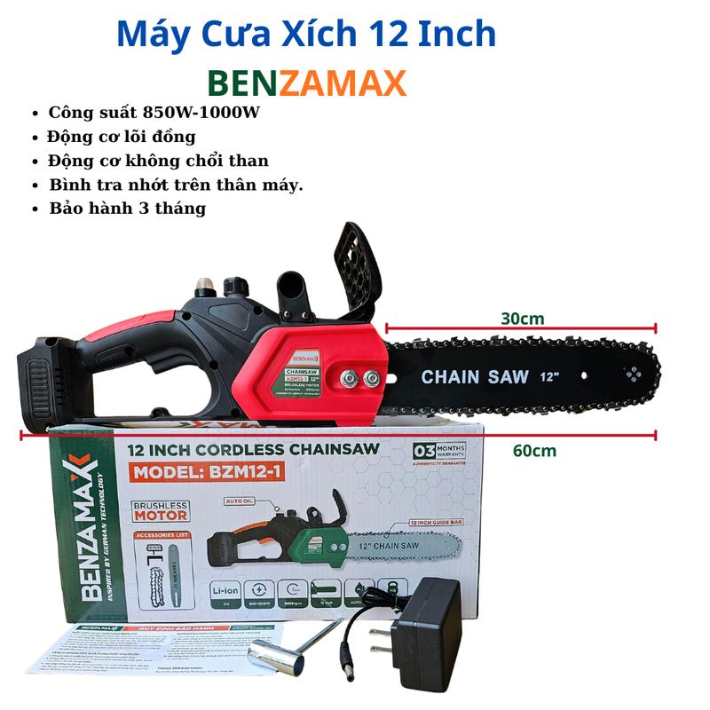 Máy Cưa Xích Dùng Pin 12inch BENZAMAX Động Cơ Không Chổi Than Công Suất 850-1000w Chân Pin Phổ Thông M21 Pin 15,20,30 Cell Cao Cấp Khổ Cắt Tối Đa 30Cm Bảo Hành 3 Tháng