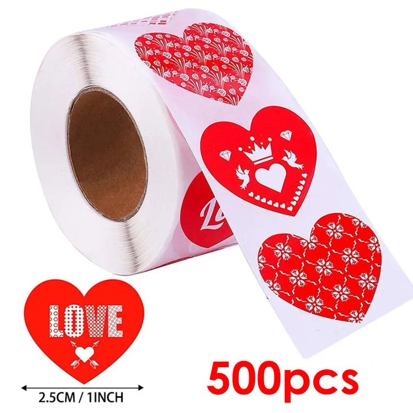 500pcs 1inch Red Love Shaped Stickers Roller 25mm Valentine's Day Stickers with Glittering Patterns Gift Decoration Labels