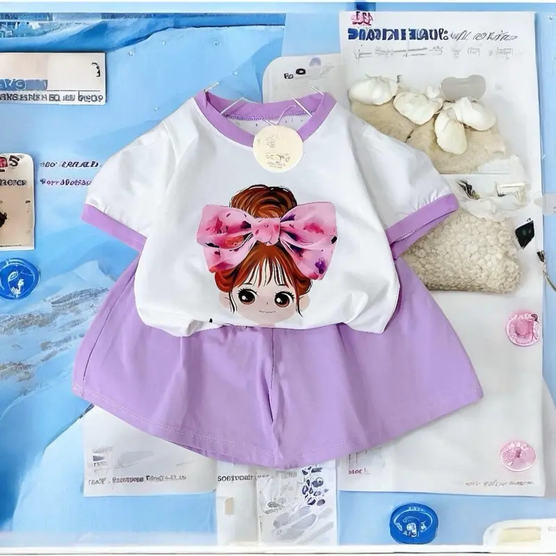 xinh gai Bộ cộc tay in hình BÚP BÊ Cô gái dễ thương cho bé gái .đồ mùa hè cho bé .vải cotton set chobe 1