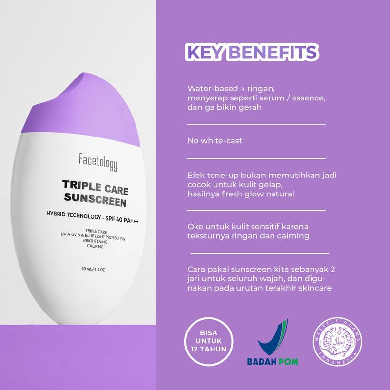 FACETOLOGY TRIPLE CARE SUNSCREEN HYBRID TECHNOLOGY SPF 40 PA+++ Acid Mencerahkan 3