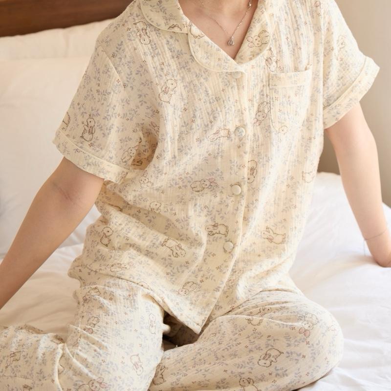 Onene.room Pijama tay ngắn quần dài- Set đồ ngủ Pijama mặc nhà hoạ tiết vintage dễ thương chất liệu xô muslin mềm mại
