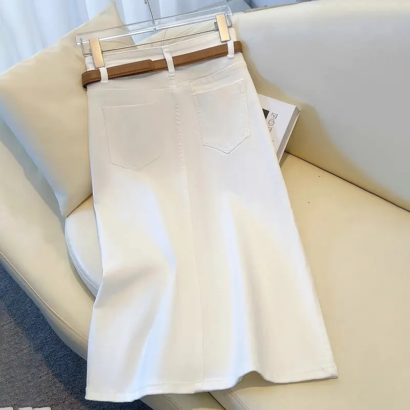 rok jeans split gaya korean style rok celah samping panjang denim a line skirt jumbo kekinian fashion bigsize berpinggang tinggi sedang untuk menutupi rok pinggul selangkangan rok sobek samping Casual Hitam Maxi Dewasa 1