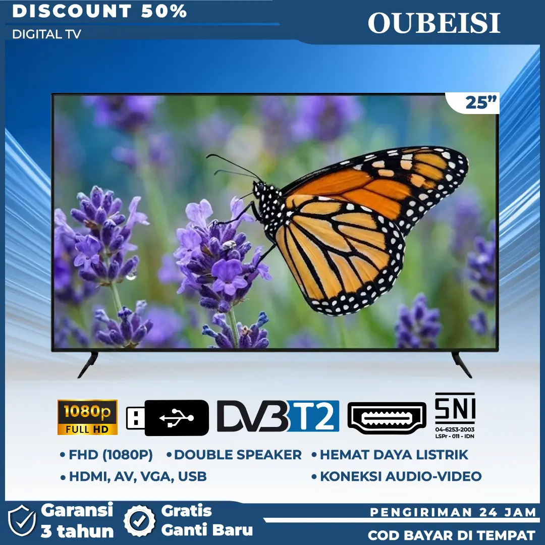 OUBEISI TV Digital 25 Inch LED HD Televisi DVBT Murah Monitor LED Garansi Satu Tahun & Tiga Tahun Resolusi 1680x1050 HDMI USB VGA Media Player