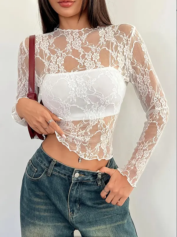 Women's Floral Lace  Top, Elegant Fashion Casual Long Sleeve Top for Daily Outdoor Wear, Women Top Clothes for Summer 0
