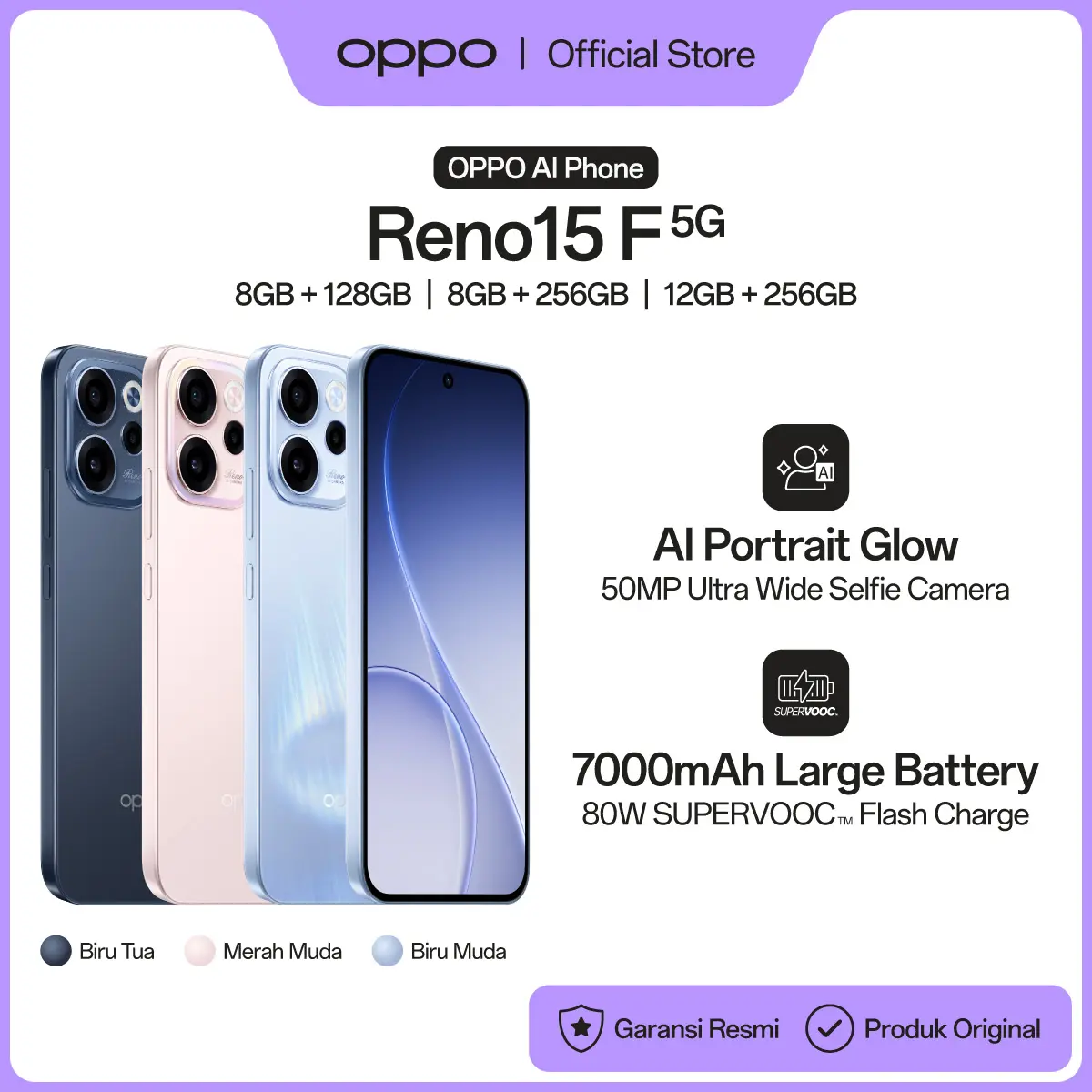 OPPO Reno15 F 5G 8GB+128GB/256GB & 12GB+256GB Smartphone [AI Portrait Glow 50MP Ultra Wide Selfie Camera, 7000mAh Large Battery 80W SUPERVOOC, 5-Year Fluency Authentication]