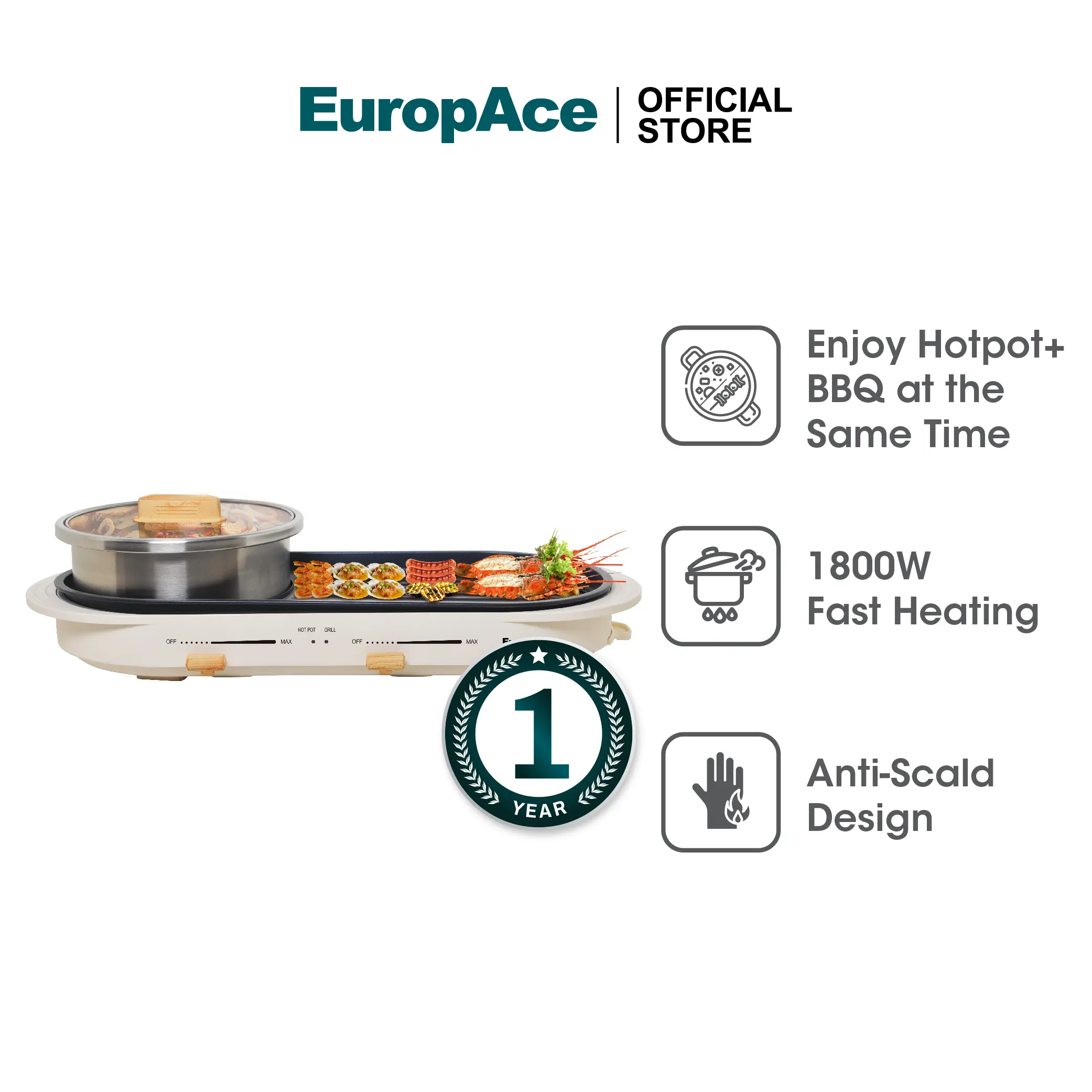 EuropAce 3L Hotpot with Non-Stick Grill 1800W | EMC7303D