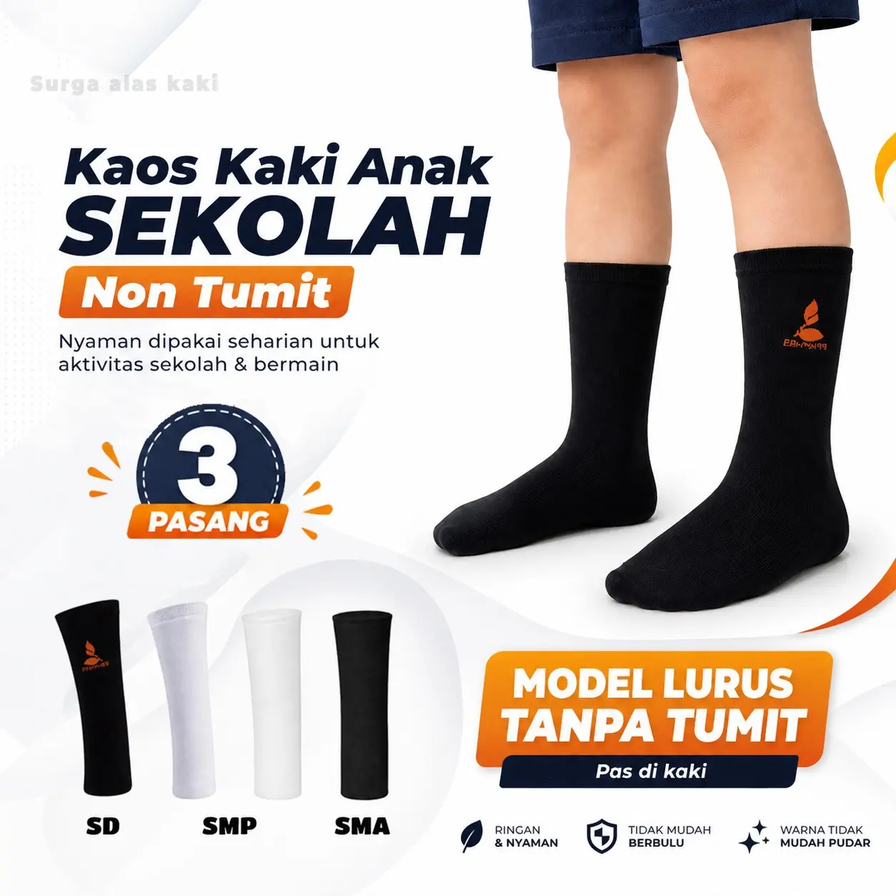 3 PASANG Kaos Kaki Sekolah SD SMP SMA SMK Nyaman Hitam Putih Bahan Catton Spandek Tebal Lembut Elastis untuk Pria Dewasa