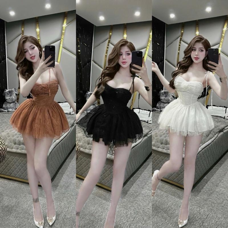 Đầm Váy Ren Thiết Kế 2 Dây Cột Phối Kim Sa Hoa Ngực Chân Váy Xoè Sang Chảnh