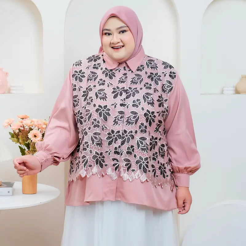 Myshawl Kasafa Mizani Atasan Jumbo Brukat tille Motif Kasual Kondangan Wisuda Kekinian Big Size Brukat Bunga Jumbo Kancing Wanita Panjang 7