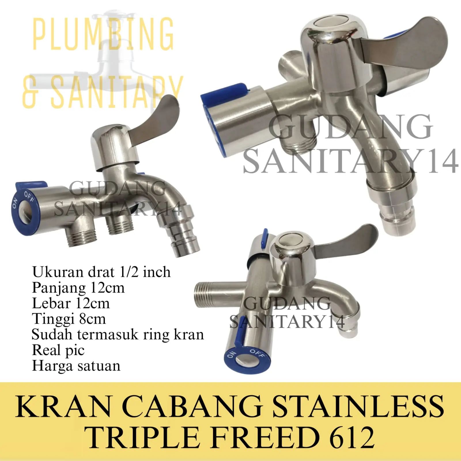 Kran 3 cabang stainless hitam chrome kran air triple kran air shower toilet closet sambungan 1/2 inci black