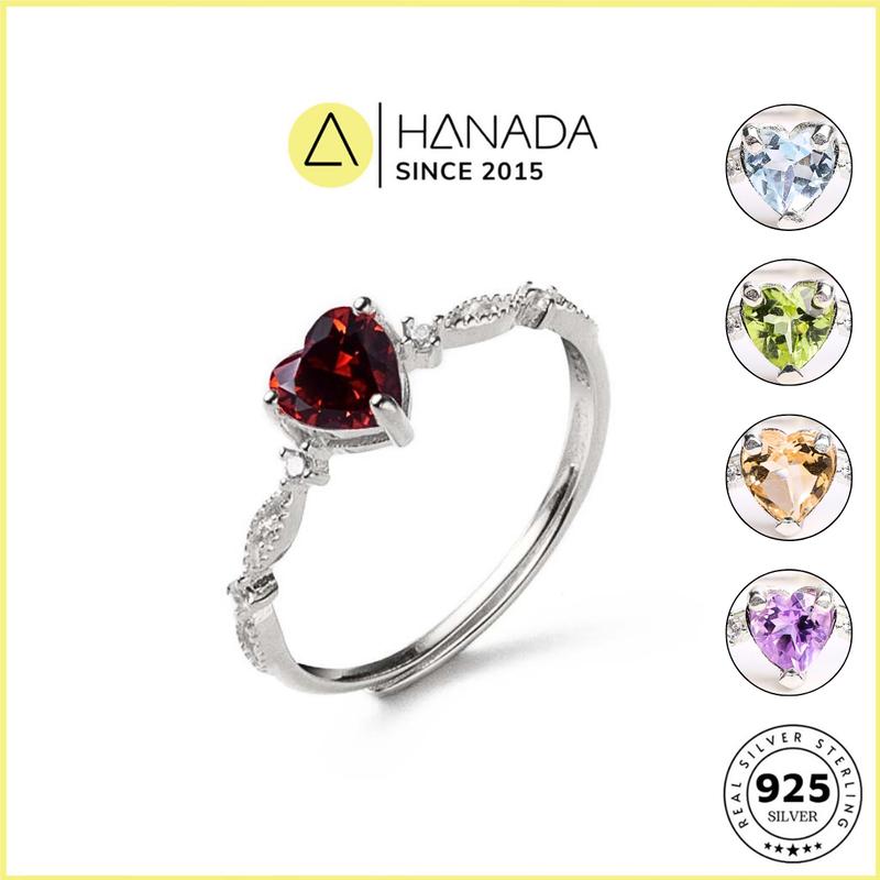  Nhẫn Bạc 925 HANADA đá thiên nhiên trái tim phong thủy may mắn tài lộc hợp mệnh Garnet Citrine Topaz Peridot Amethyst Nữ 2216 