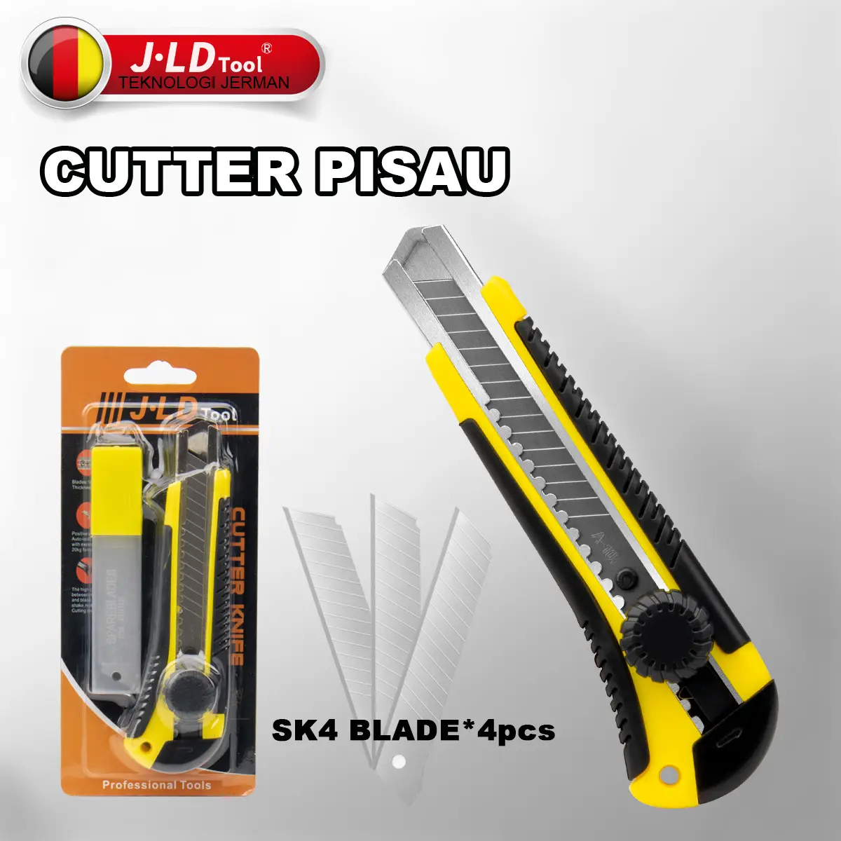 JLD Pisau Cutter Utility Knife 18mm Premium Blade 4 Blade Pisau Potong Serbaguna Cuter Alat Pemotong Kertas PVC Kardus ABS TPE SK4 Blade 60°