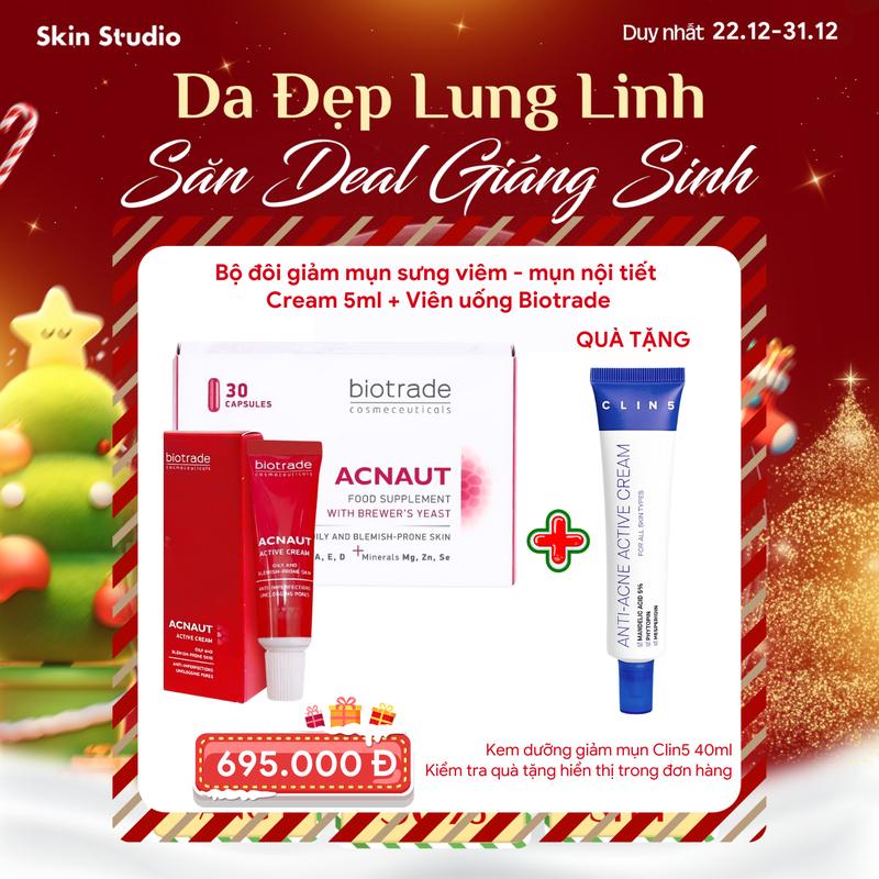 Bộ đôi Viên uống Biotrade + Kem chấm giảm mụn nội tiết Biotrade Acnaut Cream 5ml - Tặng Kem dưỡng giảm mụn 40ml
