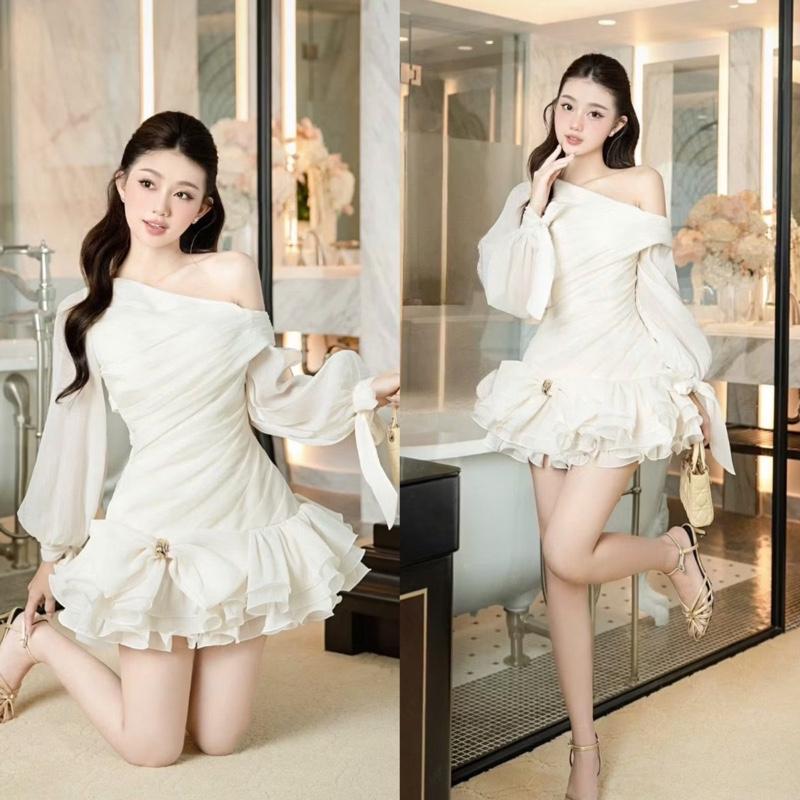   Có bigsize  Đầm tay dài form ngắn xoè lệch vai nơ to kèm tag KÈM QUẦN kho sỉ hải chuyền Đ750 