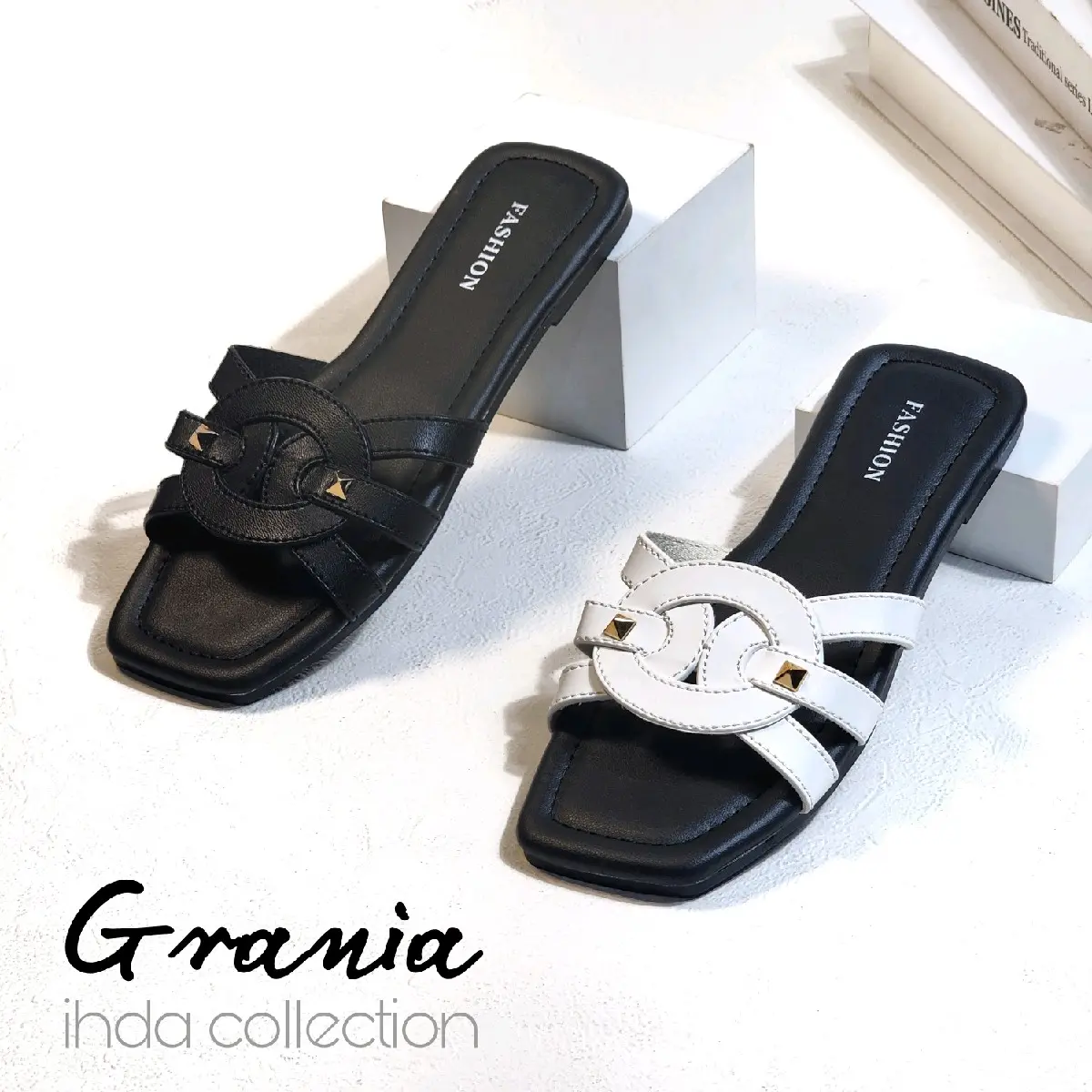 Grania - Sandal Wanita Teplek Korea Casual Empuk Sol Karet Model Slop Flat Cewek Kasual Rumahan Size 37-40