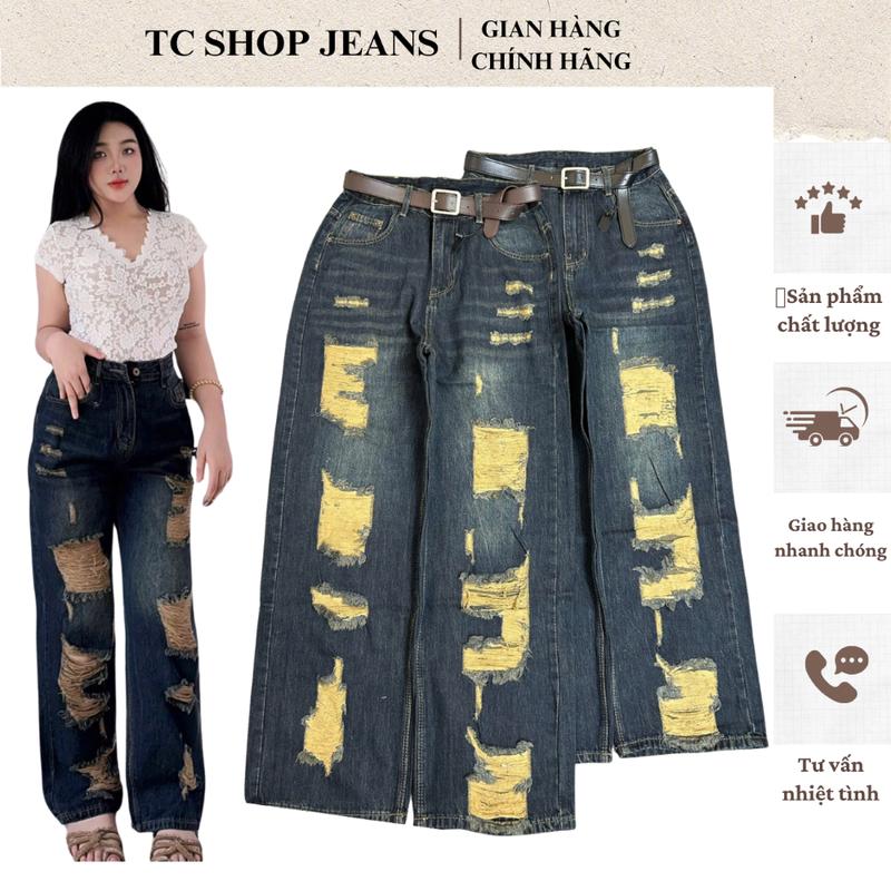 TCSHOPJEANS Quần Suông Nữ BIGSIZE Rách Nhiều Hàng QC Cao Cấp Lưng Cao Màu Xanh Đậm Wash Dài 103 đến 105cm Mã QC 5007 quan jeansuong