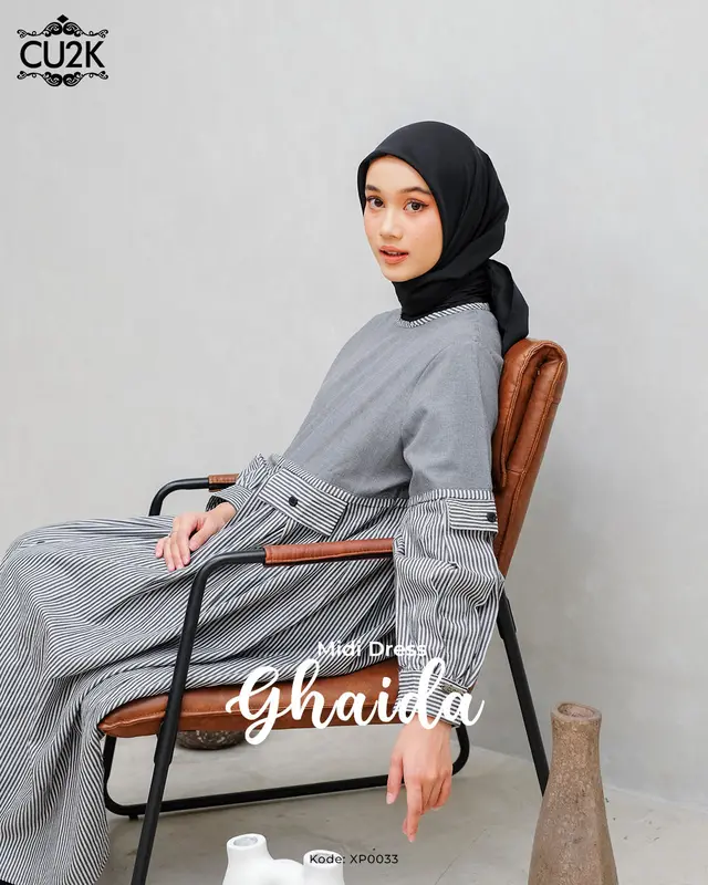 CU2K Midi Dress Katun Ghaida Viral Midi Katun Motif Garis Muslim Nyaman Simple 3