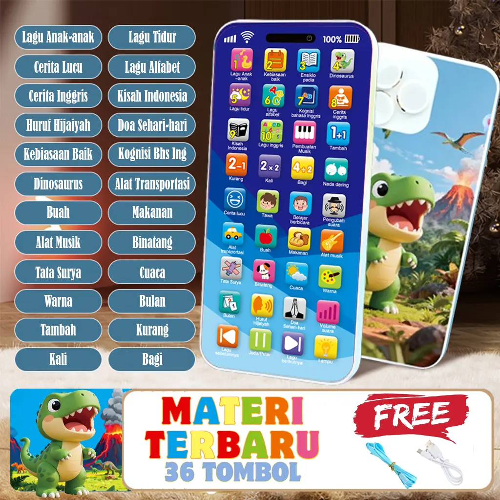 Mainan HP Edukasi Balita Baby Smart Phone Muslim Bersuara 36 Tombol Music Light Bisa Recharge USB
