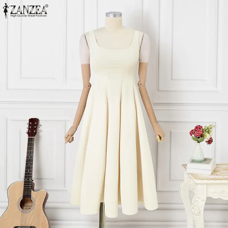 Midi Dress Shopee Korean Dress ZANZEA Korean Style Women's Dresses Elegant  Sleeveless Square Neck