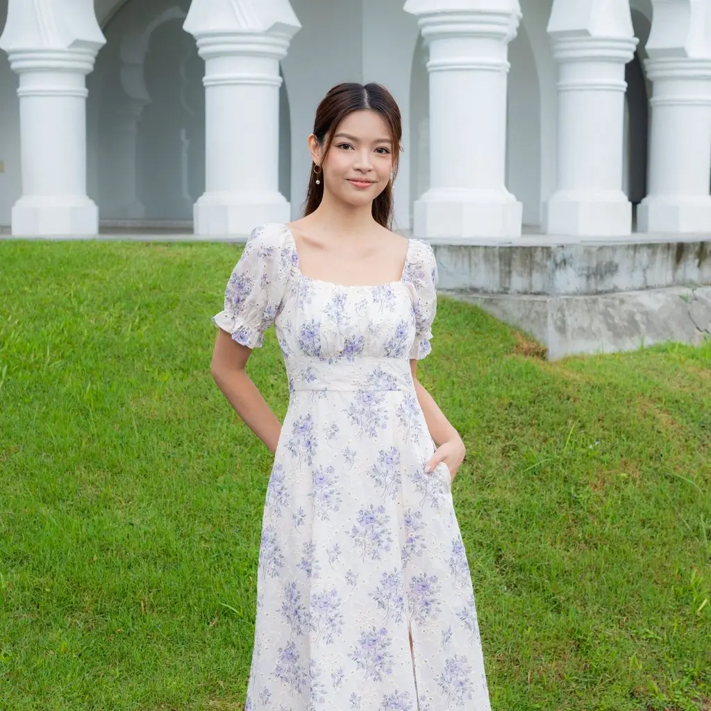 Viviene Floral Ruched Slit Dress In Lilac