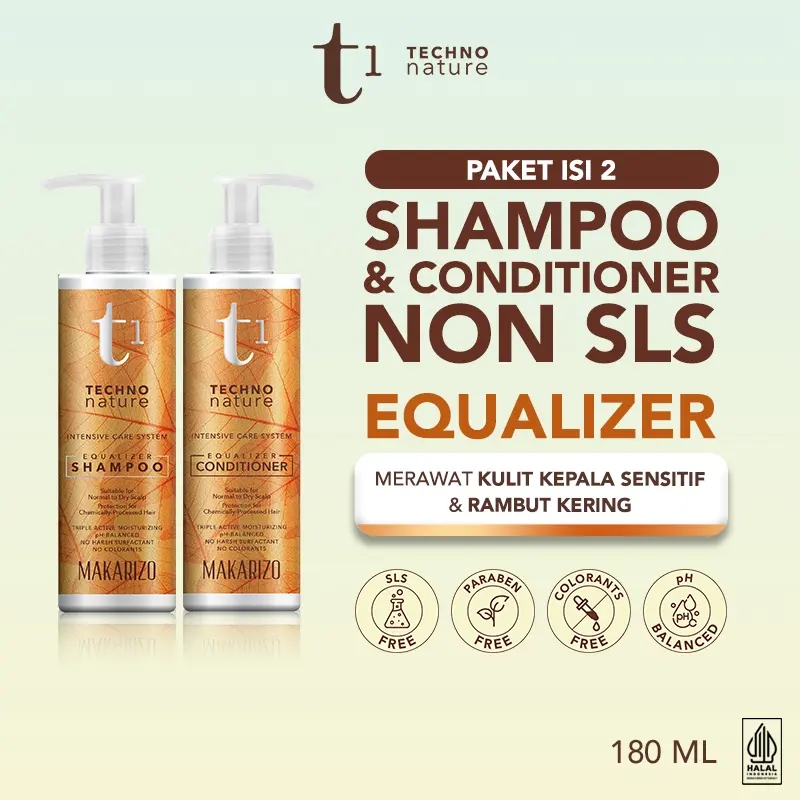 PAKET ISI 2 Makarizo T1 Techno Nature Equalizer Shampoo & Conditioner 180 mL - Shampo Conditioner Non SLS / Sampo Conditioner / Gentle Shampoo Conditioner / Paraben Free / No Sulfat / Hair Care Hair Treatment Perawatan Rambut / Haircare